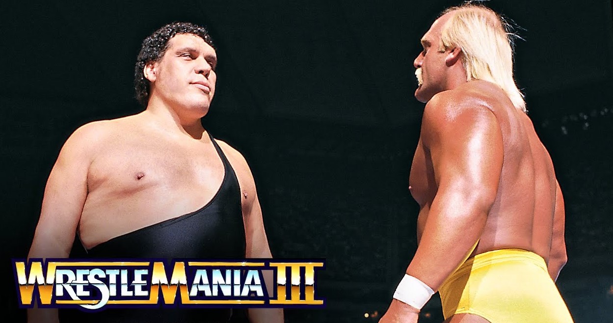 Andre the Giant chokes Bob Uecker during a backstage interview at  WrestleMania III, Pontiac, Michigan, March 29, 1987 : r/80s