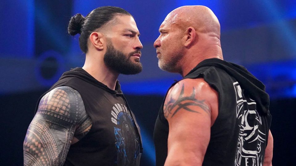 Roman Reigns and Goldberg face-to-face