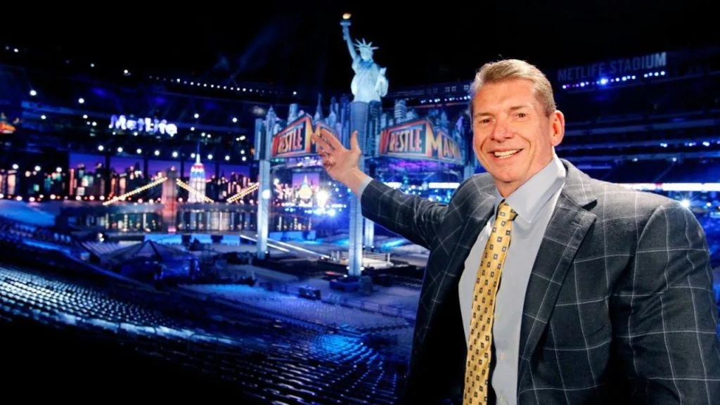 Vince McMahon in front of WWE WrestleMania set