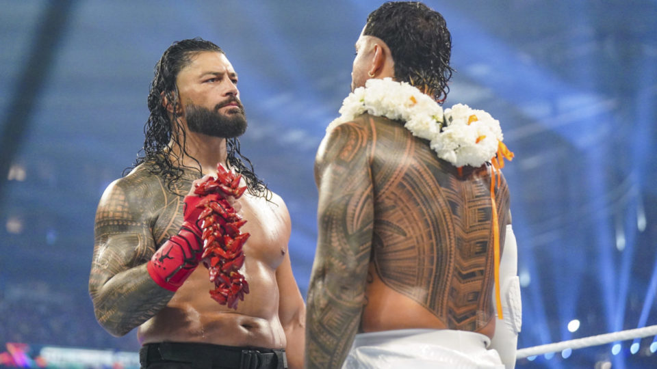 Roman Reigns and Jey Uso facing off at SummerSlam 2023