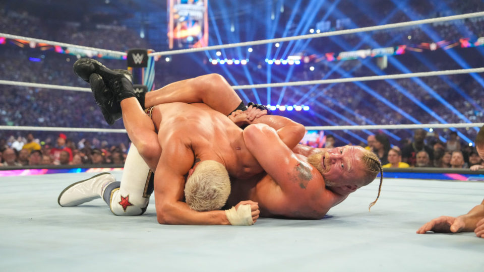 Brock Lesnar locks in a Kimura on Cody Rhodes at SummerSlam 2023