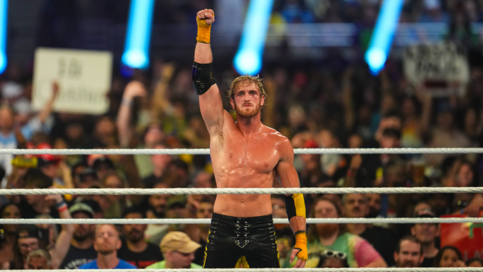 Logan Paul celebrating his victory at WWE SummerSlam 2023.