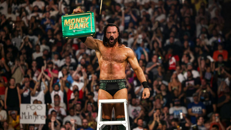 Drew McIntyre celebrates at WWE Money In The Bank